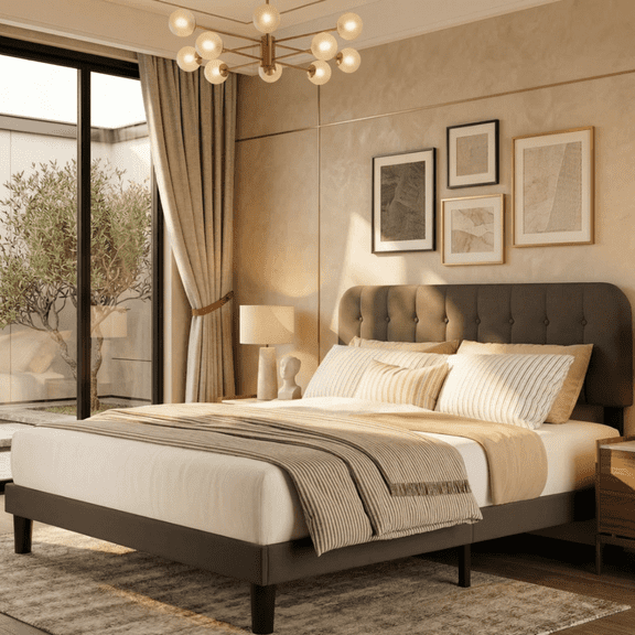 Upholstered Platform Bed Frame with Headboard, Sturdy Wooden Slats, Noise-Free, No Box Spring Needed, Easy Assembly, Modern Bedroom Furniture - King, Dark Gray