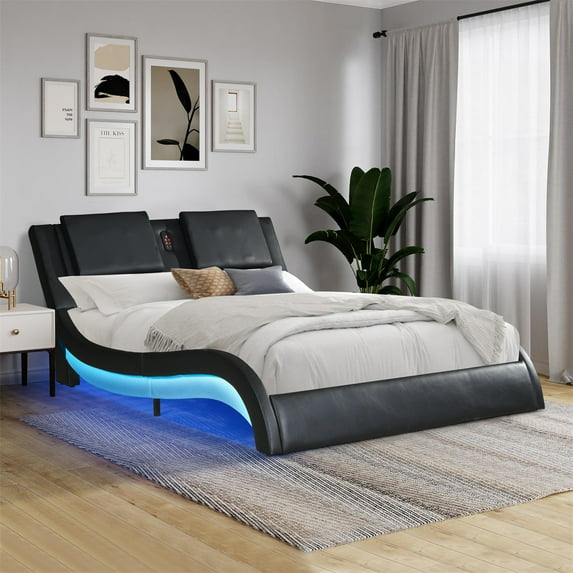 Upholstered Platform Bed Frame with LED Lighting,Bluetooth Connection to Play Music,Backrest Vibration Massage,Curve Design Faux Leather Platform Bed,Queen Size Low Profile Platform Bed Frame,Black