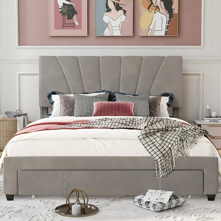 Upholstered Platform Bed Frame Modern Queen Size Velvet Platform Bed with Headboard and Drawer Wood Slat Support Queen Bed Frame for Adults Mattress Foundation No Box Spring Needed Gray Walmart