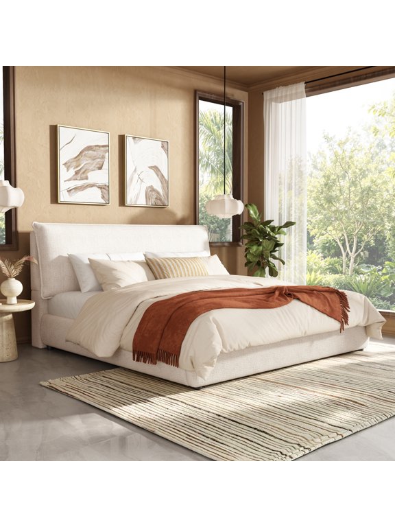 Upholstered Platform Bed Frame with Oversized Plush Pillow Headboard, Premium Chenille Fabric Low Profile Bed Foundation with Wood Slats Support, No Box Spring Needed, Noise Free, King, Cream White