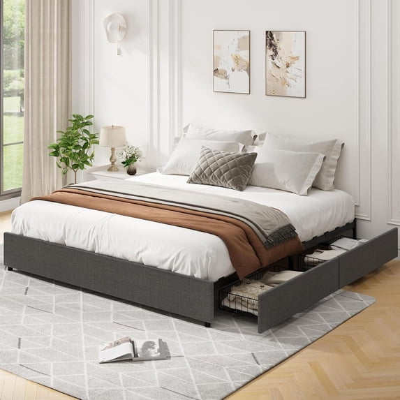 Upholstered Platform Bed Frame Queen Size with 4 Storage Drawers, Queen Platform Bed Frame with Mattress Foundation Strong Wooden Slats Support, Queen Size Bed Frame No Box Spring Needed