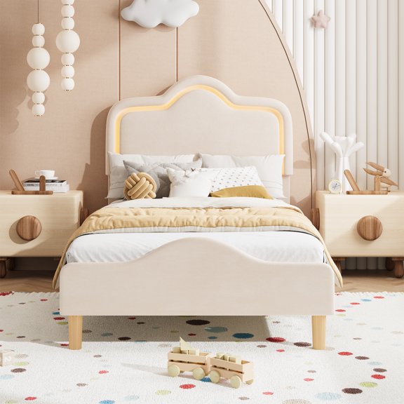 Upholstered Platform Bed Frame with RGB LED Adjustable Headboard & Footboard - Velvet Princess Style, Sturdy Wooden Slats, No Box Spring Needed, Easy Assembly