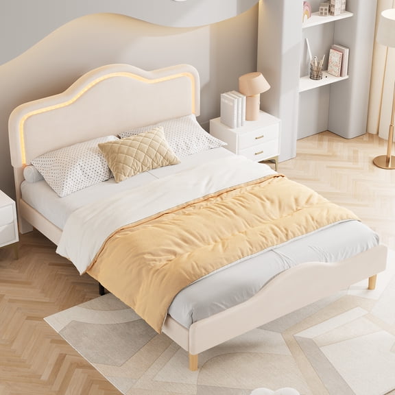Upholstered Platform Bed Frame with RGB LED Adjustable Headboard & Footboard - Velvet Princess Style, Sturdy Wooden Slats, No Box Spring Needed, Easy Assembly