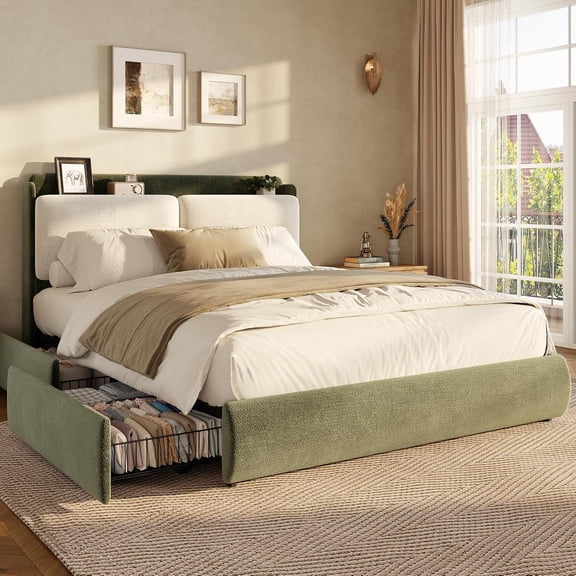 Upholstered Platform Bed Frame with Recessed Headboard Shelf, Chenille Fabric, Rounded Corners, Steel Support Frame, Noise-Reducing Design, No Box Spring Needed,Full,Dark green + Beige