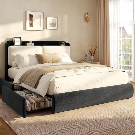 Upholstered Platform Bed Frame with Recessed Headboard Shelf, Chenille ...