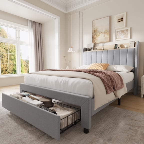 Upholstered Platform Bed Frame with Storage Headboard and Drawers, Charging Station Bed with USB Ports & AC Outlets, Linen Fabric, No Box Spring Needed, Easy Assembly