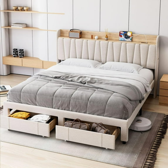 Upholstered Platform Bed Frame with Storage Headboard and Drawers, Charging Station Bed with USB Ports & AC Outlets, Linen Fabric, No Box Spring Needed, Easy Assembly