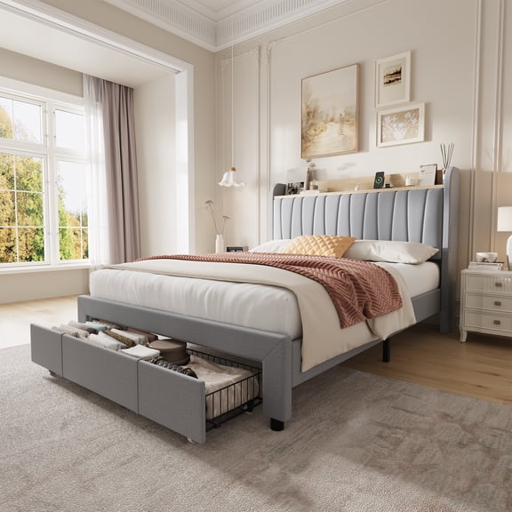 Upholstered Platform Bed Frame with Storage Headboard – Drawers, Charging Station, Heavy Duty, Noise-Free, No Box Spring Needed, Easy Assembly, Twin/Full/Queen/King Size