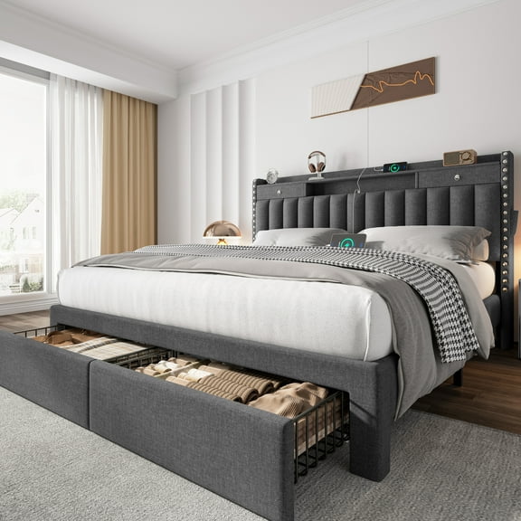 Queen Bed Frame with Headboard,Queen Size Upholstered Bed Frame with 4 Storage Drawers and 3 USB Type-C Charging Ports,Solid Wood Slats Bed Frame,Grey