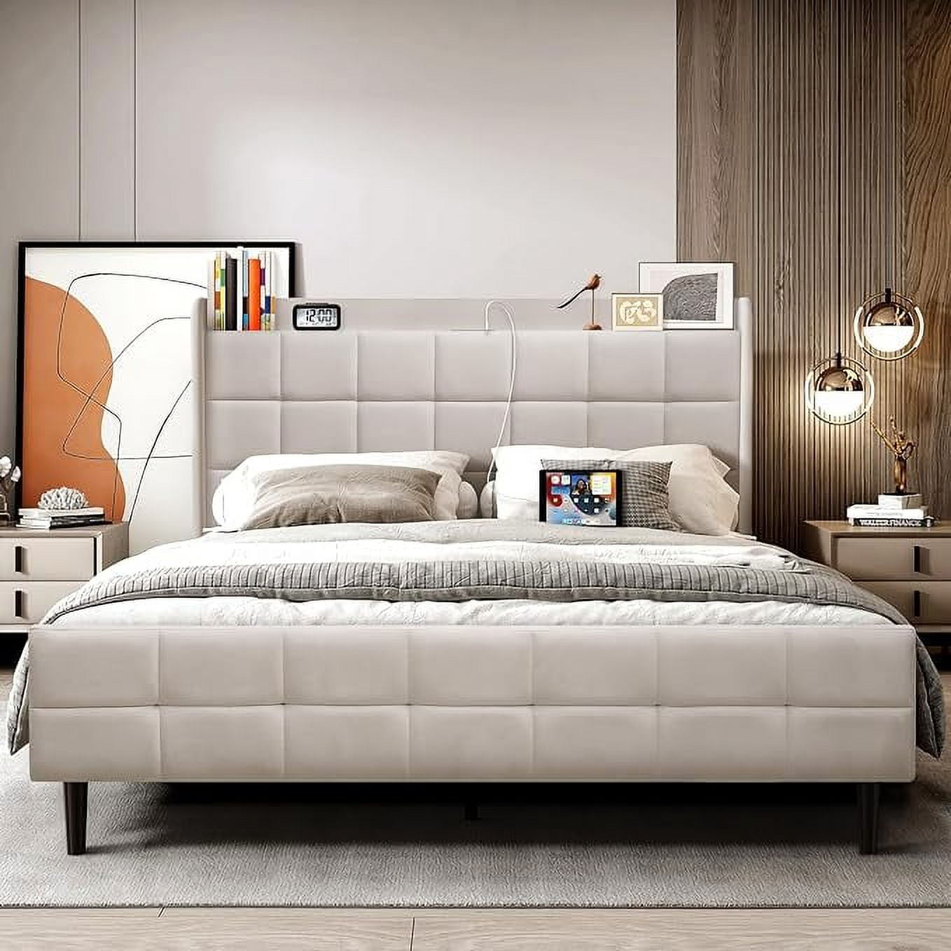 Upholstered Platform Bed Frame / Thickened Storage Headboard/ Mattress ...