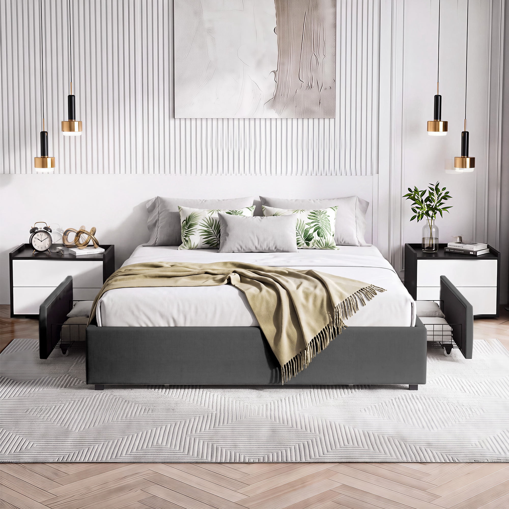 Upholstered Platform Bed Frame with 3 Storage Drawers, Wooden Slat ...