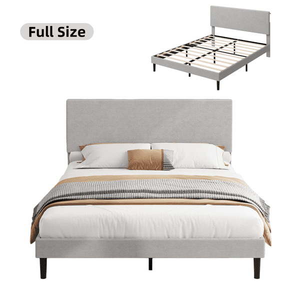 Upholstered Platform Bed Frame with Adjustable Storage Headboard & Built-in Charging Station, No Box Spring Needed - Full, Light Gray