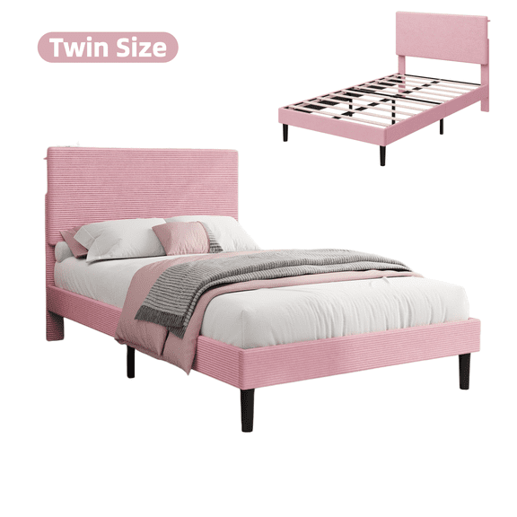 Upholstered Platform Bed Frame with Adjustable Storage Headboard & Built-in Charging Station, No Box Spring Needed - Twin, Pink