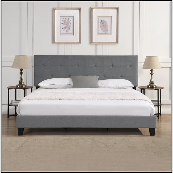 Upholstered Platform Bed Frame with Button Tufted Linen Fabric Headboard, No Box Spring Needed, Wood Slat Support, Easy Assembly