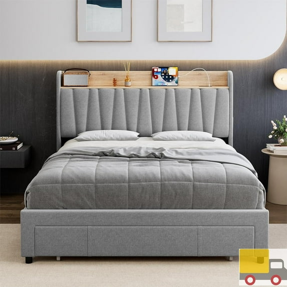 Upholstered Platform Bed Frame with Charging Storage Headboard, Underbed Drawers, No Box Spring Needed, Linen Fabric, King, Light Gray