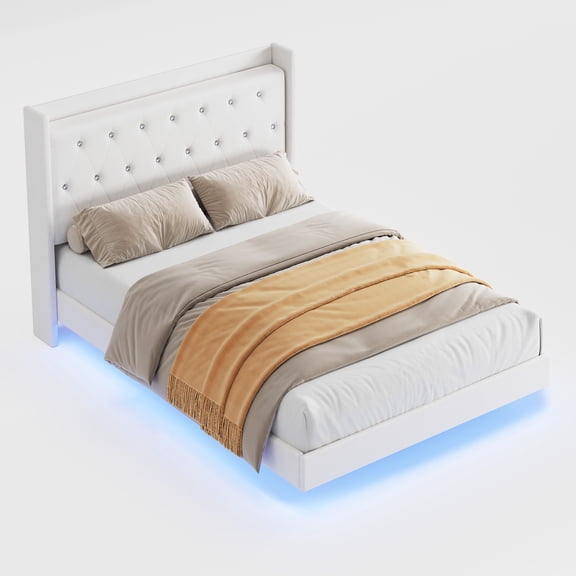 Upholstered Platform Bed Frame with Crystal Tufted Headboard & LED Lights - Storage Shelves, Heavy Duty Metal Slats, Noise-Free, Easy Assembly