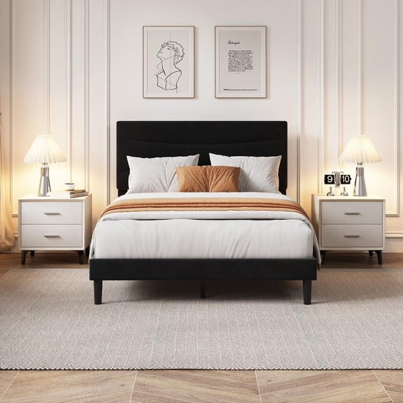 Upholstered Platform Bed Frame with Ergonomic Headboard, Soft Beige Fabric, Wood Slats, Underbed Storage, No Box Spring Needed, Easy Assembly