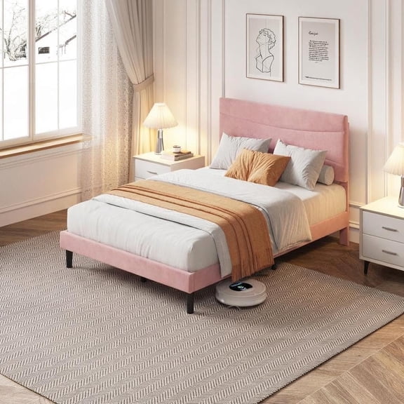 Upholstered Platform Bed Frame with Headboard, Velvet Bed Frame with Wooden Slats, Modern Low Profile Bed, No Box Spring Needed, Easy Assembly