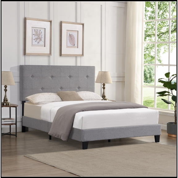 Upholstered Platform Bed Frame with Modern Button Tufted Linen Fabric Headboard, No Box Spring Needed, Wood Slat Support, Easy Assembly