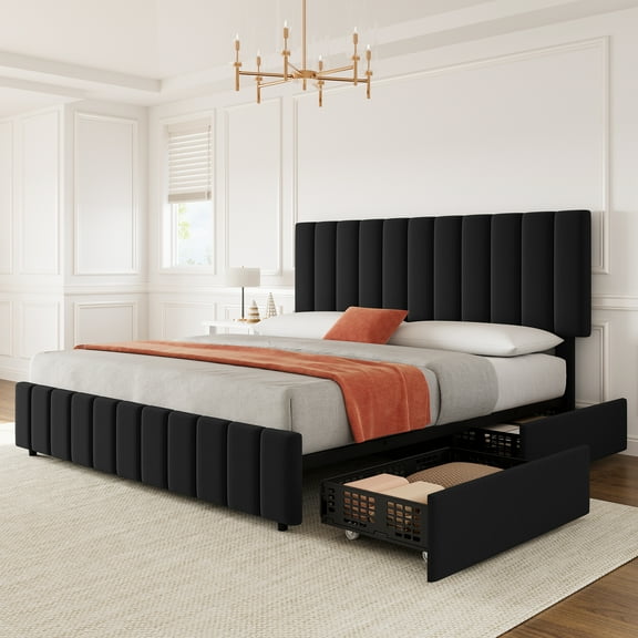 Upholstered Platform Bed Frame with Storage Drawers and Adjustable Headboard,Mattress Foundation with Wooden Slats Support,No Box Spring Needed
