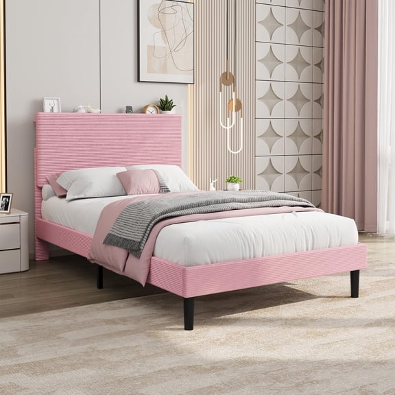 Upholstered Platform Bed Frame with Storage Headboard, Adjustable Shelves, USB Charging, No Box Spring Needed