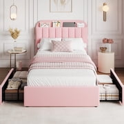 Upholstered Platform Bed Frame with Storage Twin Size Bookcase Headboard & 2 DrawersPink