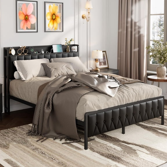 Upholstered Platform Bed Frame with USB Ports, AC Outlets, Storage Headboard, Faux Leather Tufted Design, No Box Spring Needed – Twin/Full/Queen