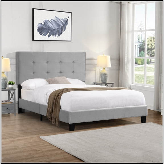Upholstered Platform Bed Frame with pull point Tufted Headboard, Strong Wood Slat Support, Mattress Foundation, No Box Spring Needed, Easy Assembly