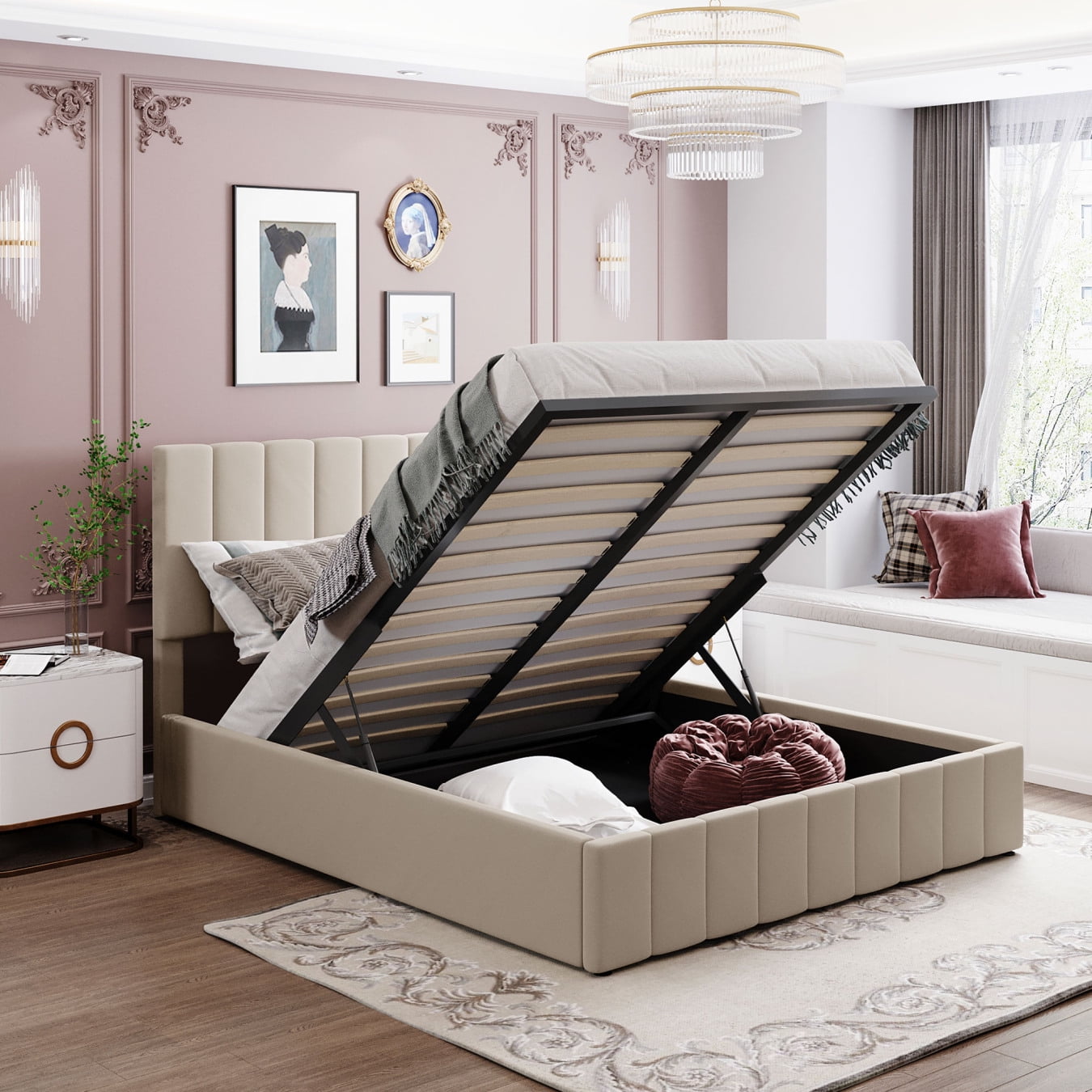 Upholstered Platform Bed with Gas Lift up Storage Queen Size Bed Frame with Storage Underneath and Headboard Wooden Platform Bed with Hydraulic