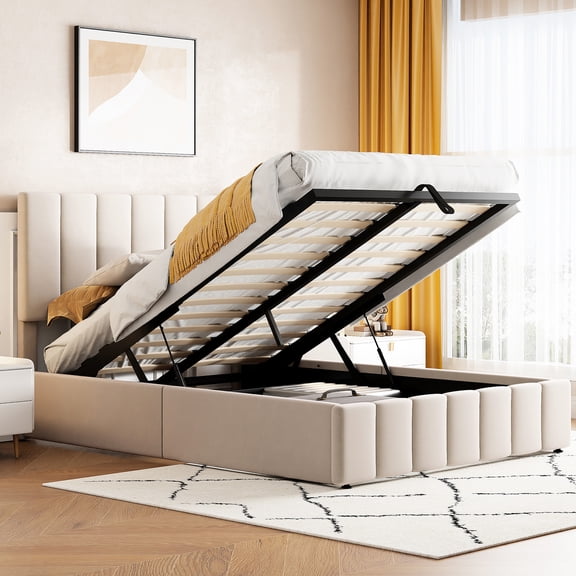 Upholstered Platform Bed In Beige For Enhanced Bedroom With Handy Hydraulic Storage