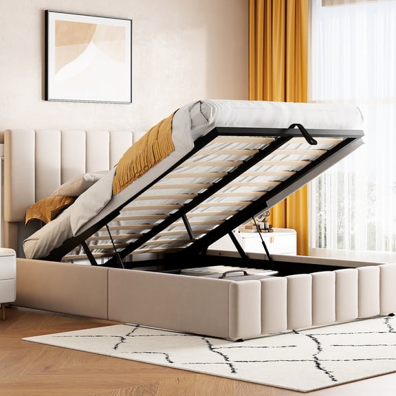 Upholstered Platform Bed In Beige For Enhanced Storage Bedroom