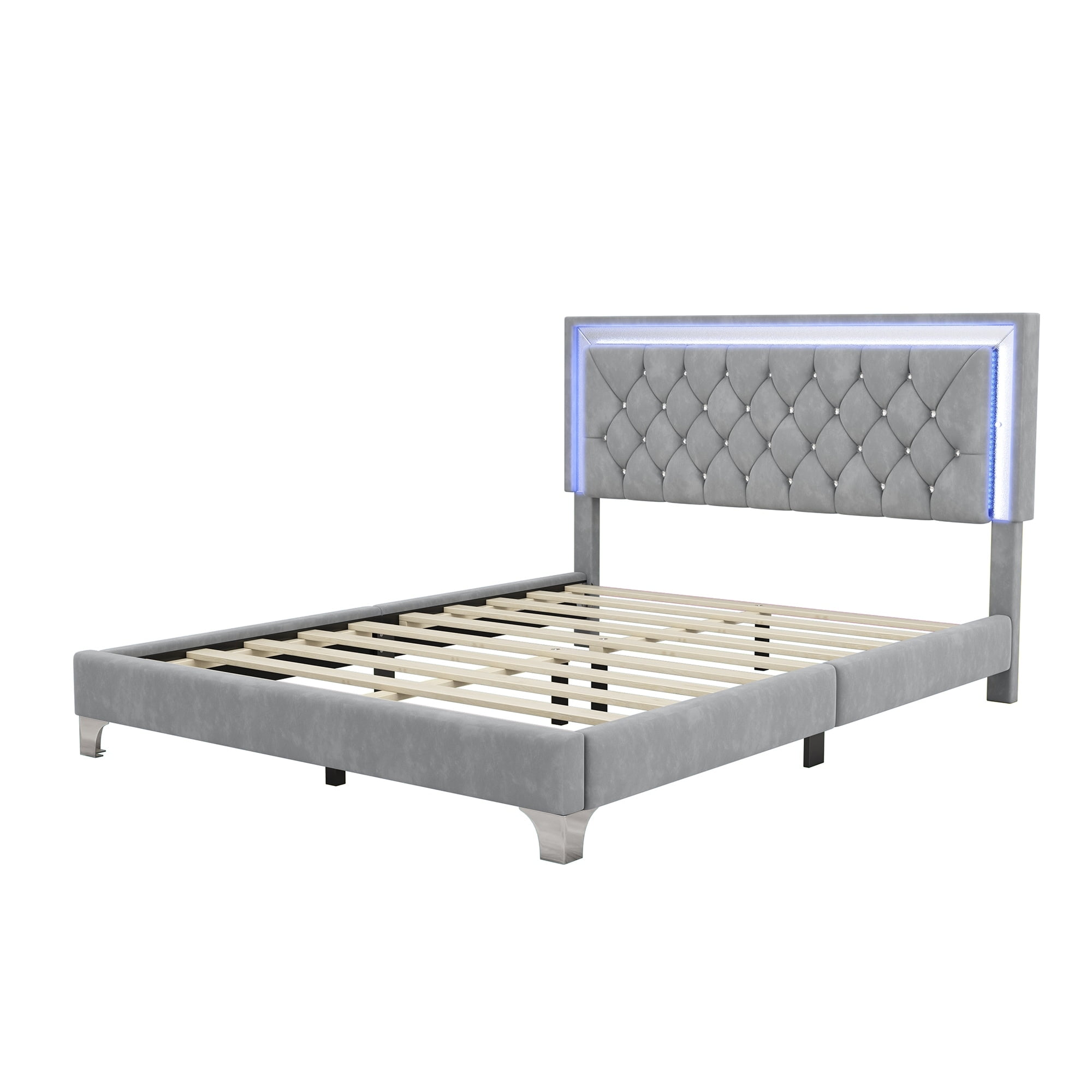 Gray Velvet Queen Upholstered Platform Bed with LED Lighted Headboard