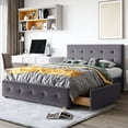 thumbnail image 1 of Upholstered Platform Bed Queen, Dark Gray With 4 Drawer Space And Button- Headboard, No Box Spring, Linen Fabric, Strong Wood Frame Queen Size Headboard Drawers In Gray. Spring. Particle Board, 1 of 2