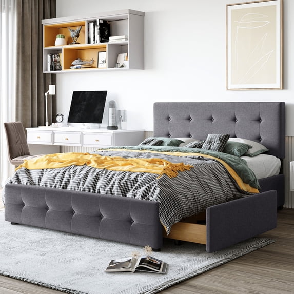 Upholstered Platform Bed Queen, Dark Gray With 4 Drawer Space And Button- Headboard, No Box Spring, Linen Fabric, Strong Wood Frame Queen Size Headboard Drawers In Gray. Spring. Particle Board