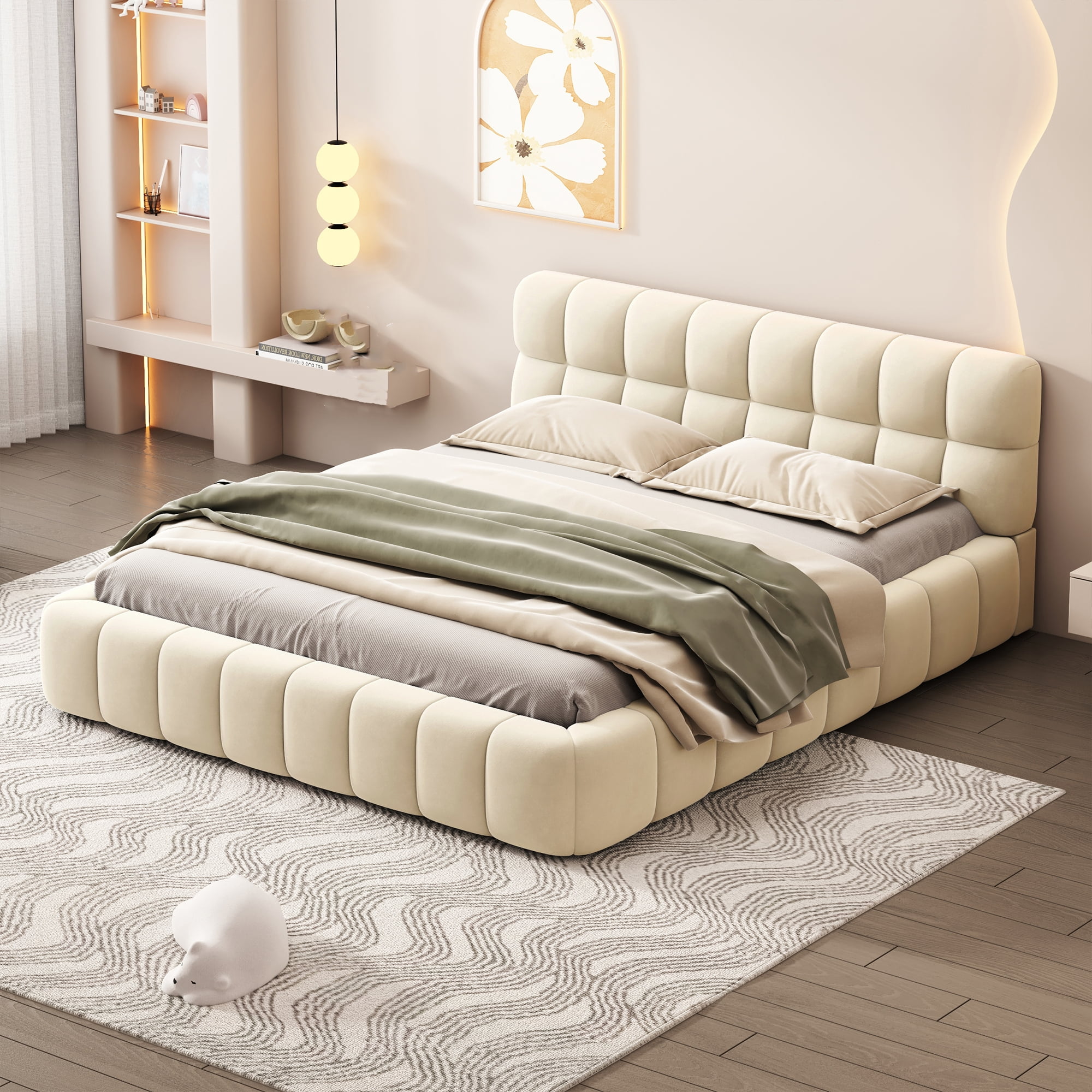 Beige Queen Upholstered Platform Bed with Linen Headboard and Wood Slats