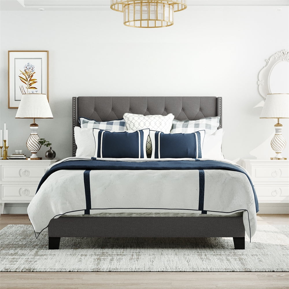 Upholstered Platform Bed, Queen Size Linen Upholstered Platform Bed