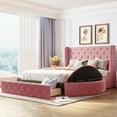 thumbnail image 1 of Upholstered Platform Bed Queen Size, Pink Velvet, Wingback Headboard, 1 Big Drawer, Storage, 2 Stools Size Storage With Headboard Look, 1 of 7