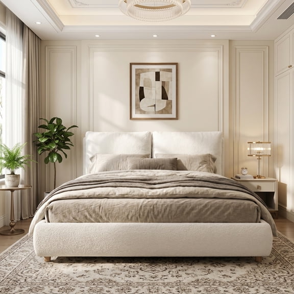 Upholstered Platform Bed Queen Size with Removable Pillow Headboard, Linen Boucle Bed Frame, Low Profile, Wood Slats and Sturdy Supports, No Box Spring Needed, Off White