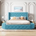 thumbnail image 1 of [Luckynote]Upholstered Platform Bed Queen Size Storage Velvet Bed with Wingback Headboard and 1 Big Drawer,2 Side Storage Stool(Blue), 1 of 10