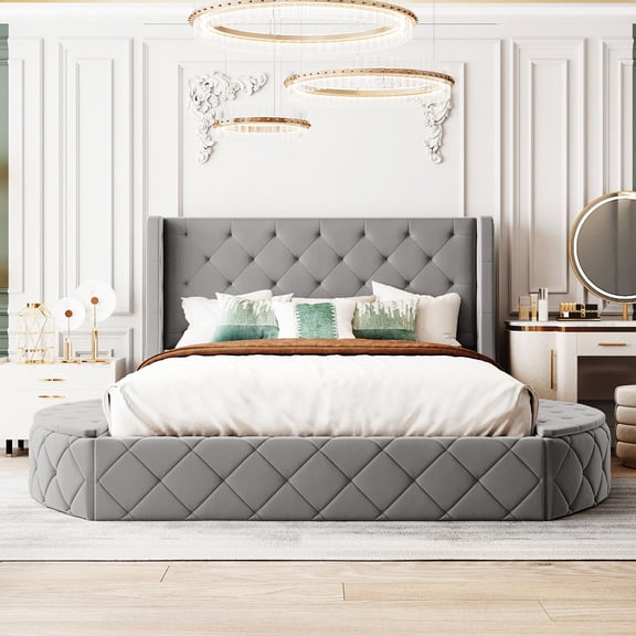 Upholstered Platform Bed Queen Size Storage Velvet Bed with Wingback Headboard and 1 Big Drawer,2 Side Storage Stool(Gray)(Old sku: LP100815AAE)