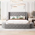 thumbnail image 1 of [Luckynote]Upholstered Platform Bed Queen Size Storage Velvet Bed with Wingback Headboard and 1 Big Drawer,2 Side Storage Stool(Gray), 1 of 10