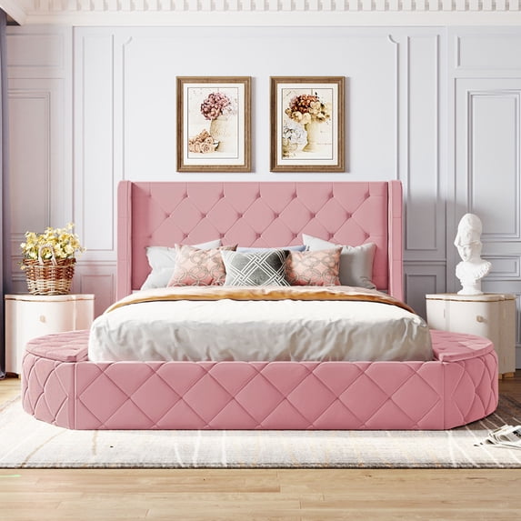 Upholstered Platform Bed Queen Size Storage Velvet Bed with Wingback Headboard and 1 Big Drawer,2 Side Storage Stool(Pink)