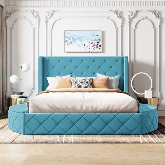 Upholstered Platform Bed Queen Size Storage Velvet Bed with Wingback Headboard and 1 Big Drawer,2 Side Storage Stool