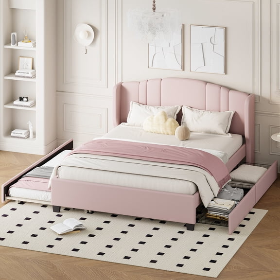 Upholstered Platform Bed Queen Size with Trundle and Drawers, Low Profile Velvet Bed Frame with Wingback Headboard, Wood Slats and No Box Spring Needed, Pink