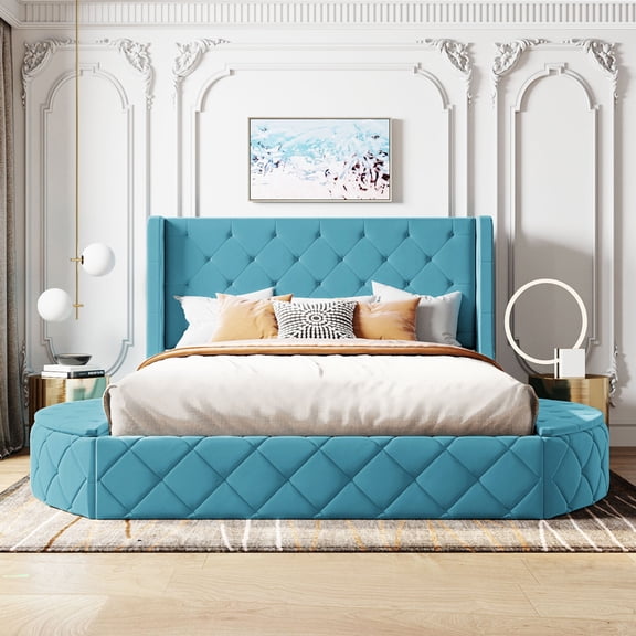 Upholstered Platform Bed Queen Size with Wingback Headboard Velvet Storage Bed Frame 1 Large Drawer 2 Side Stools Blue