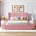 thumbnail image 1 of Upholstered Platform Bed Queen Size with Wingback Headboard Velvet Storage Bed Frame with Large Drawer and 2 Side Stools Pink, 1 of 9