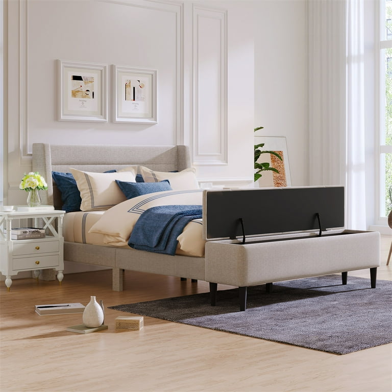 Upholstered Platform Bed with Storage Ottoman Bench, Solid Wood