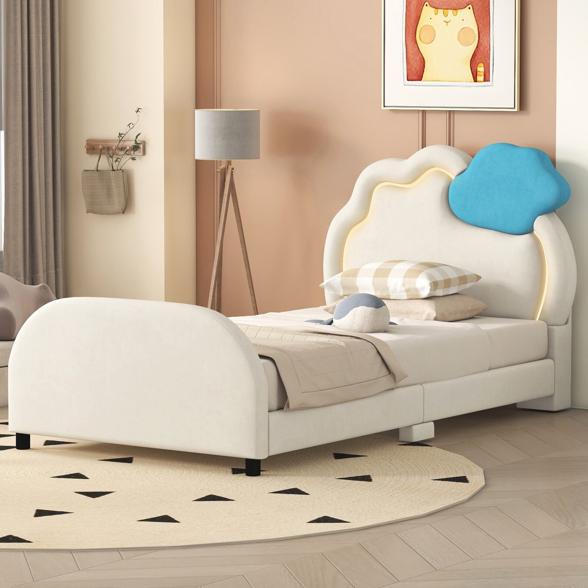 Upholstered Platform Bed, Twin Size Velvet Fabric Wooden Bed Frame with ...
