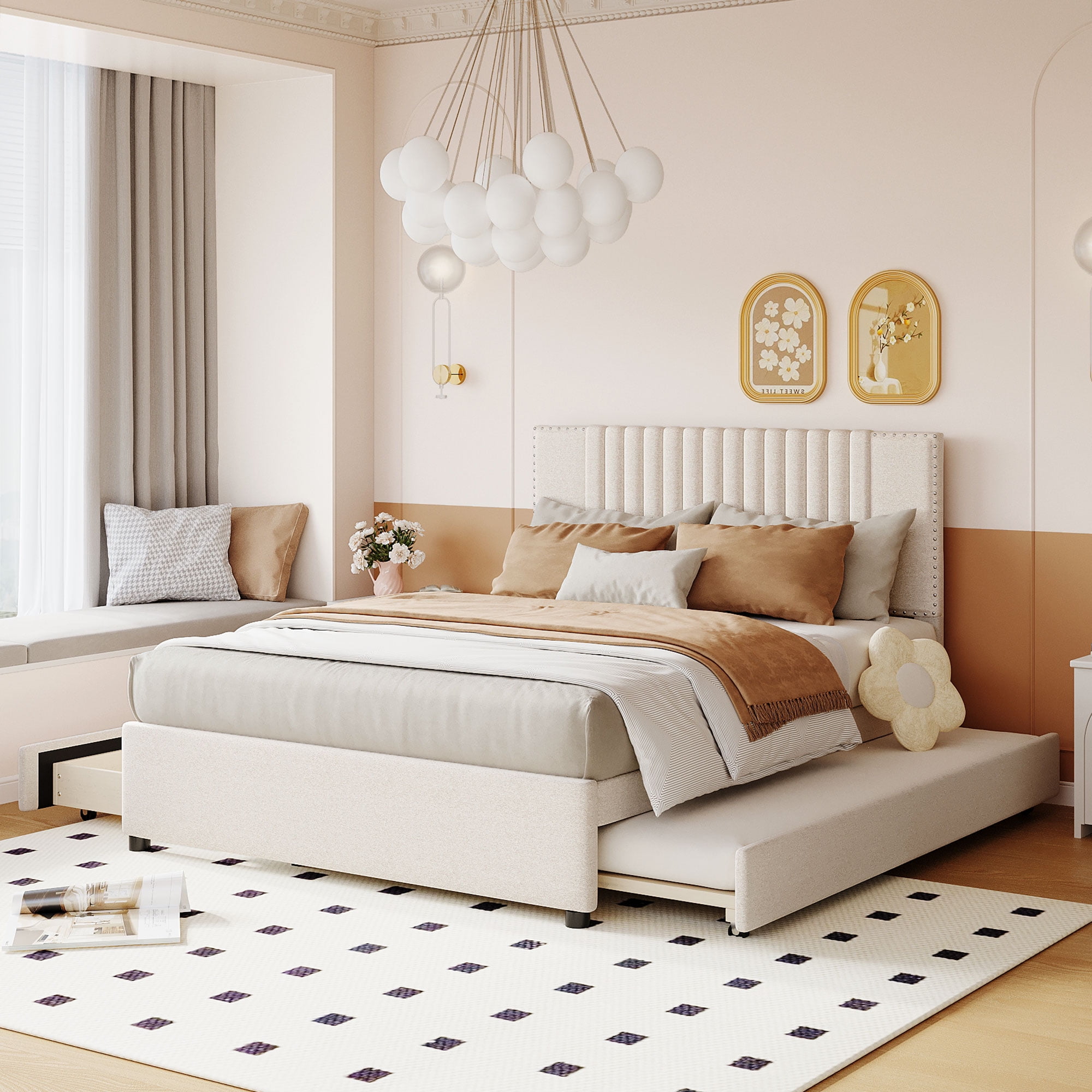 Upholstered Platform Bed with Underbed Storage Drawers and Twin XL