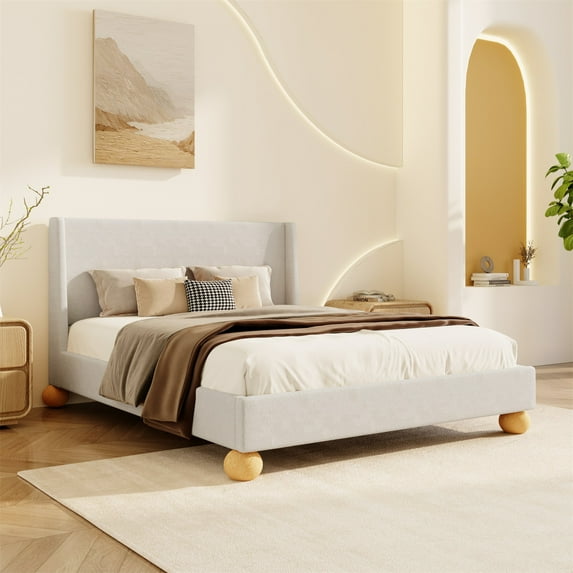 Upholstered Platform Bed with Wingback Headboard and Round Wooden Legs, Wingback Platform Bed Velvet Platform Bed Frame with Strong Wooden Slats for Bedroom, No Box Spring Needed, Noise-Free